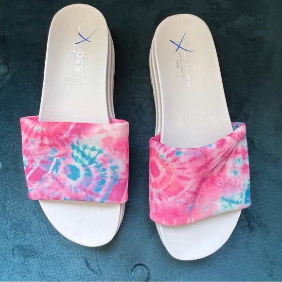 JSLIDES BRIT TIE DYE PINK PLATFORM SLIP ON SLIDES SIZE 8.5 RETAIL $206. - Picture 2 of 9